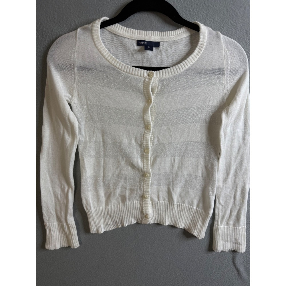 Gap Kids Cardigan Sweater Girls Medium Knit Button Front Shimmer White